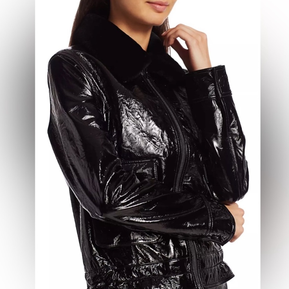 7 for all Mankind Black Crinkle Leather Jacket X Small 7FAM Removable Fur Collar